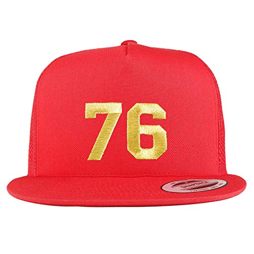 Trendy Apparel Shop Number 76 Gold Thread Embroidered Flat Bill 5 Panel Trucker Cap