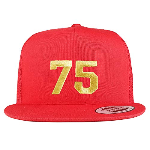 Trendy Apparel Shop Number 75 Gold Thread Embroidered Flat Bill 5 Panel Trucker Cap