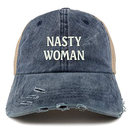 Trendy Apparel Shop Nasty Woman Washed Front Mesh Back Frayed Bill Cap