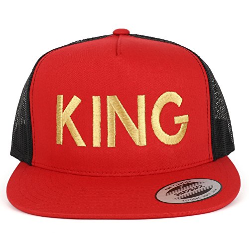 Trendy Apparel Shop King Gold Embroidered 5 Panel Flat Bill 2-Tone Mesh Cap