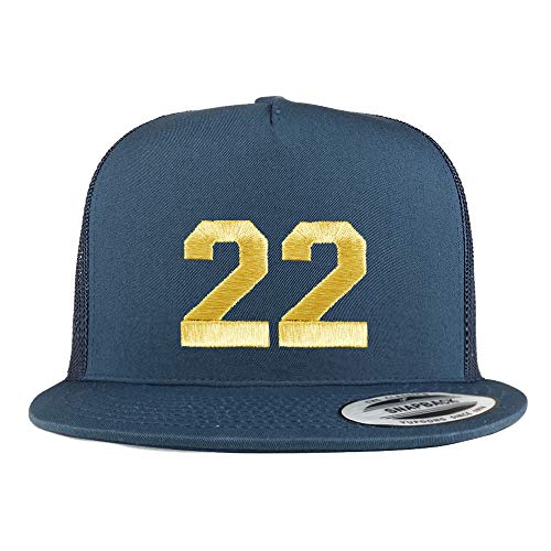 Trendy Apparel Shop Number 22 Gold Thread Embroidered Flat Bill 5 Panel Trucker Cap