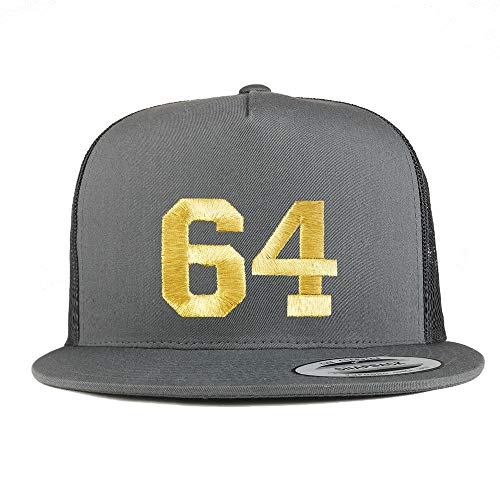 Trendy Apparel Shop Number 64 Gold Thread Embroidered Flat Bill 5 Panel Trucker Cap