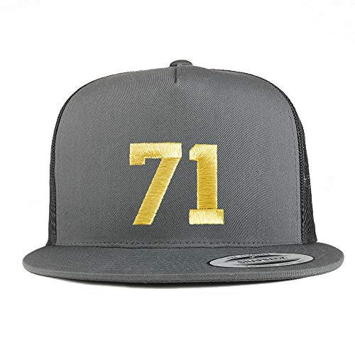 Trendy Apparel Shop Number 71 Gold Thread Embroidered Flat Bill 5 Panel Trucker Cap