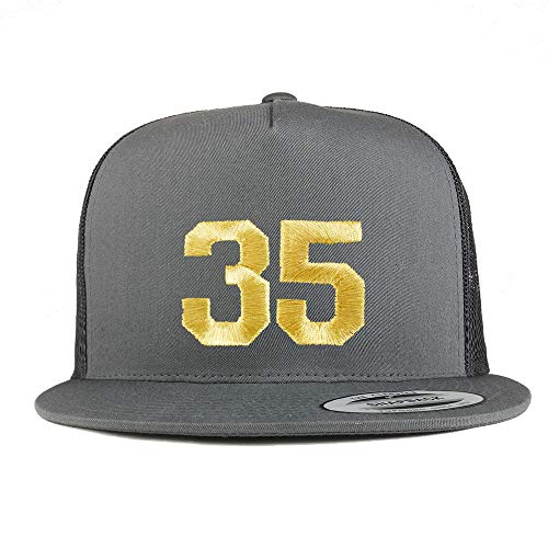 Trendy Apparel Shop Number 35 Gold Thread Embroidered Flat Bill 5 Panel Trucker Cap