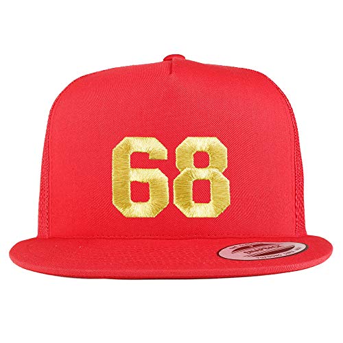 Trendy Apparel Shop Number 68 Gold Thread Embroidered Flat Bill 5 Panel Trucker Cap