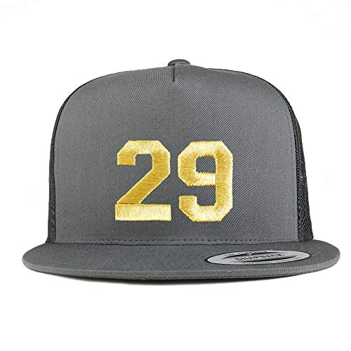 Trendy Apparel Shop Number 29 Gold Thread Embroidered Flat Bill 5 Panel Trucker Cap