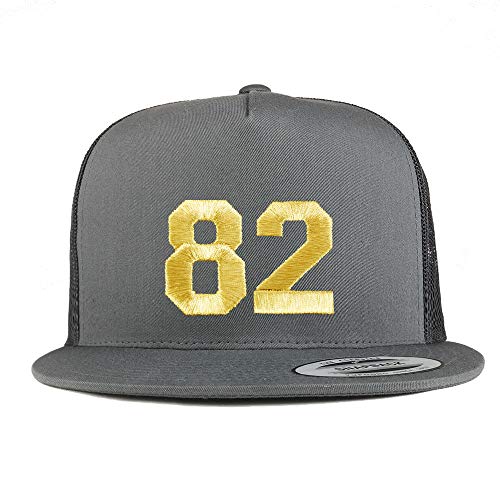 Trendy Apparel Shop Number 82 Gold Thread Embroidered Flat Bill 5 Panel Trucker Cap