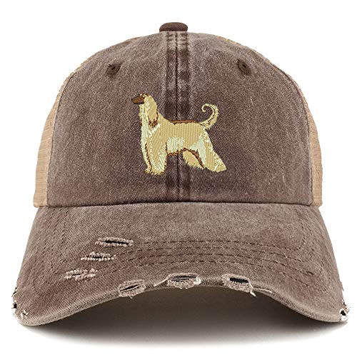 Trendy Apparel Shop Afghan Hound Dog Embroidered Frayed Bill Trucker Mesh Back Cap