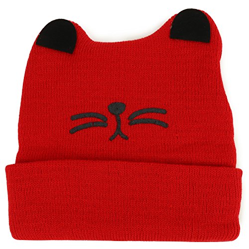 Trendy Apparel Shop Infant Size Cat Ear and Whiskers Embroidered Soft Knitted Cotton Beanie Hat