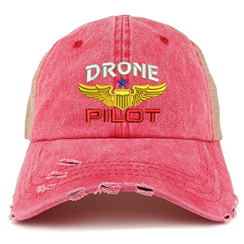 Trendy Apparel Shop Drone Pilot Aviation Wing Embroidered Frayed Bill Trucker Mesh Back Cap