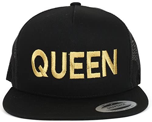 Trendy Apparel Shop King and Queen Gold Embroidered 5 Panel Flat Bill Mesh Cap