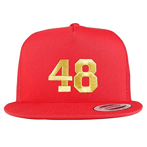 Trendy Apparel Shop Number 48 Gold Thread Embroidered Flat Bill 5 Panel Trucker Cap