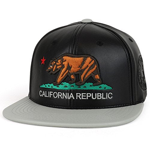 Trendy Apparel Shop California Republic Bear Emblem Embroidered PU Leather Cap