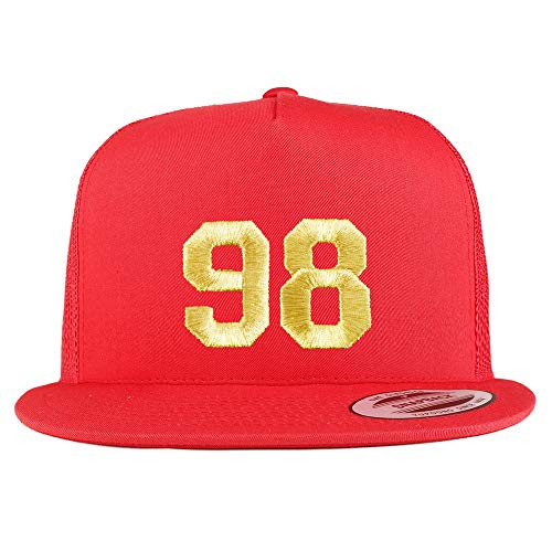 Trendy Apparel Shop Number 98 Gold Thread Embroidered Flat Bill 5 Panel Trucker Cap