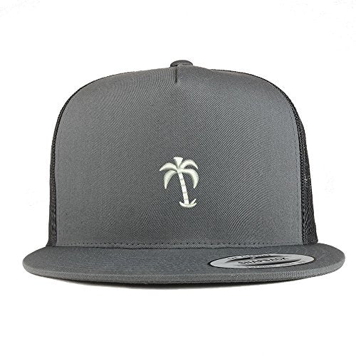 Trendy Apparel Shop Palm Tree Solid White Embroidered 5 Panel Flat Bill Trucker Mesh Back Cap