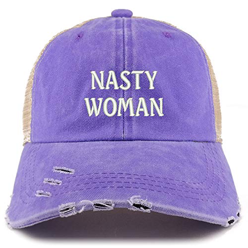 Trendy Apparel Shop Nasty Woman Washed Front Mesh Back Frayed Bill Cap