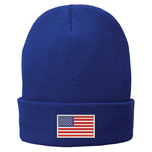 Trendy Apparel Shop US American Flag White Embroidered Winter Folded Long Beanie