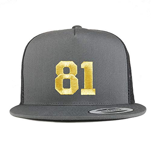 Trendy Apparel Shop Number 81 Gold Thread Embroidered Flat Bill 5 Panel Trucker Cap