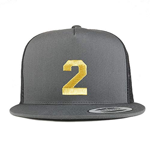 Trendy Apparel Shop Number 2 Gold Thread Embroidered Flat Bill 5 Panel Trucker Cap