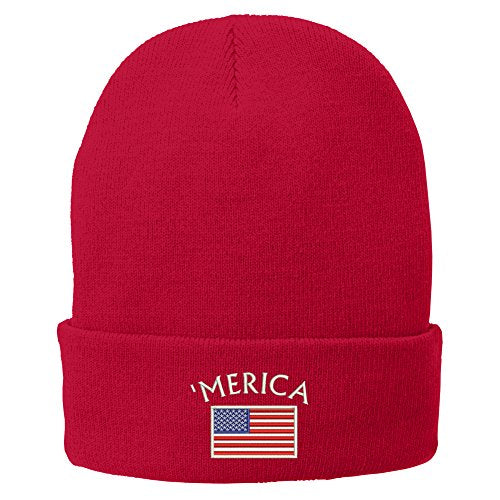 Trendy Apparel Shop Merica with American Flag Embroidered Winter Folded Long Beanie