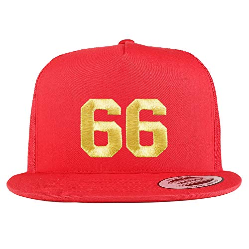 Trendy Apparel Shop Number 66 Gold Thread Embroidered Flat Bill 5 Panel Trucker Cap