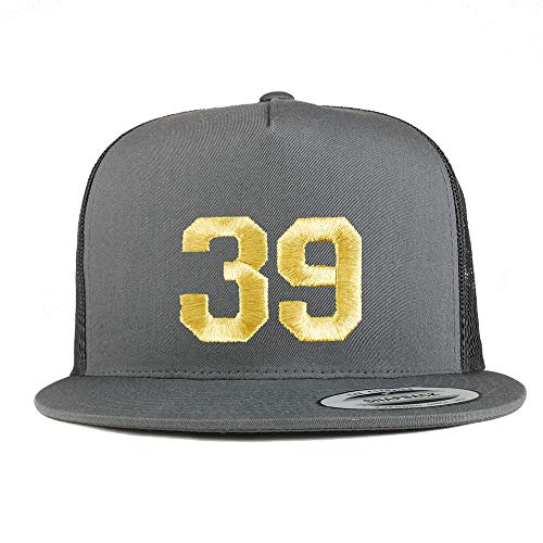 Trendy Apparel Shop Number 39 Gold Thread Embroidered Flat Bill 5 Panel Trucker Cap