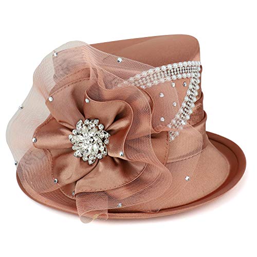 Trendy Apparel Shop Pearl Stone Brooch Satin Rosette Dress Church Hat