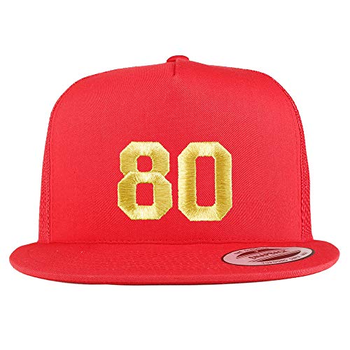 Trendy Apparel Shop Number 80 Gold Thread Embroidered Flat Bill 5 Panel Trucker Cap