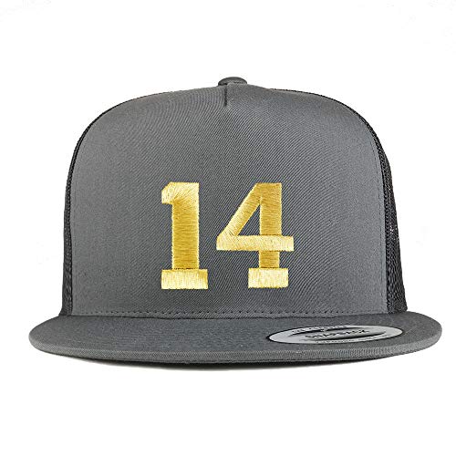 Trendy Apparel Shop Number 14 Gold Thread Embroidered Flat Bill 5 Panel Trucker Cap