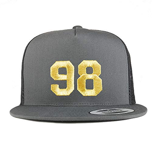 Trendy Apparel Shop Number 98 Gold Thread Embroidered Flat Bill 5 Panel Trucker Cap