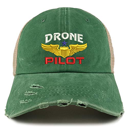 Trendy Apparel Shop Drone Pilot Aviation Wing Embroidered Frayed Bill Trucker Mesh Back Cap