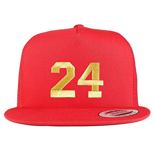 Trendy Apparel Shop Number 24 Gold Thread Embroidered Flat Bill 5 Panel Trucker Cap