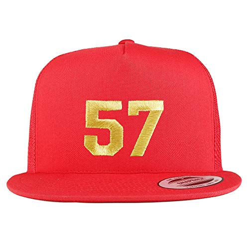 Trendy Apparel Shop Number 57 Gold Thread Embroidered Flat Bill 5 Panel Trucker Cap