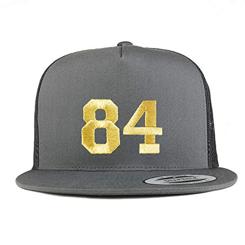 Trendy Apparel Shop Number 84 Gold Thread Embroidered Flat Bill 5 Panel Trucker Cap