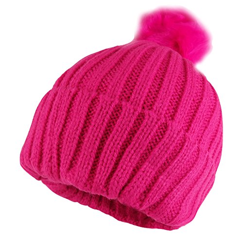 Trendy Apparel Shop Kid's Ribbed Knit Cuff Beanie with Fur Pom Pom