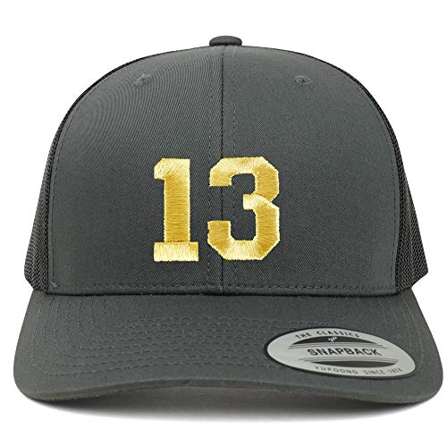 Trendy Apparel Shop Number 13 Gold Thread Embroidered Retro Trucker Mesh Cap