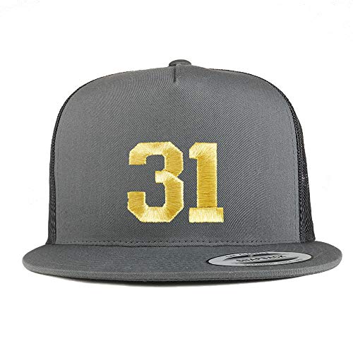 Trendy Apparel Shop Number 31 Gold Thread Embroidered Flat Bill 5 Panel Trucker Cap