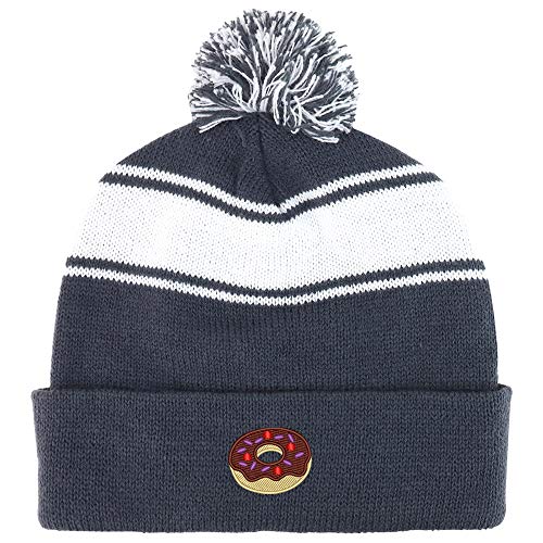 Trendy Apparel Shop Donut Embroidered Two Tone Pom Striped Long Beanie Hat