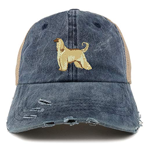 Trendy Apparel Shop Afghan Hound Dog Embroidered Frayed Bill Trucker Mesh Back Cap