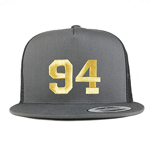 Trendy Apparel Shop Number 94 Gold Thread Embroidered Flat Bill 5 Panel Trucker Cap