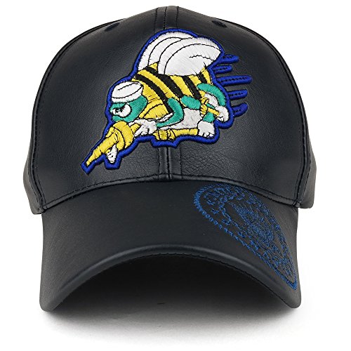 Trendy Apparel Shop US Navy Seabees 3D Embroidered PU Leather Military Baseball Cap - Navy