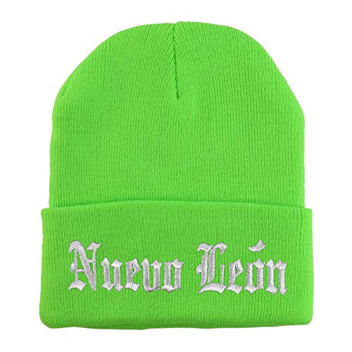 Trendy Apparel Shop Old English Nuevo Leon White Embroidered Acrylic Knit Beanie Cap