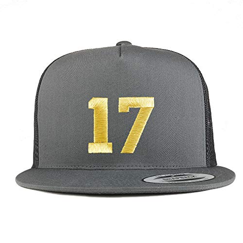 Trendy Apparel Shop Number 17 Gold Thread Embroidered Flat Bill 5 Panel Trucker Cap