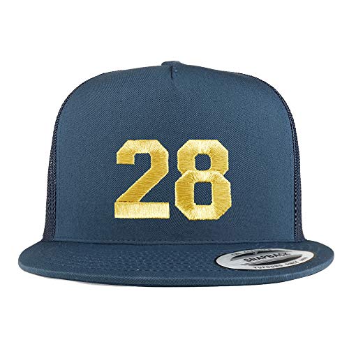 Trendy Apparel Shop Number 28 Gold Thread Embroidered Flat Bill 5 Panel Trucker Cap