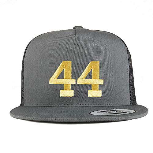 Trendy Apparel Shop Number 44 Gold Thread Embroidered Flat Bill 5 Panel Trucker Cap