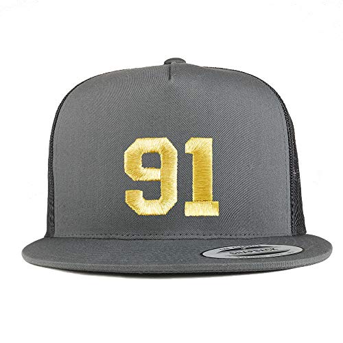 Trendy Apparel Shop Number 91 Gold Thread Embroidered Flat Bill 5 Panel Trucker Cap