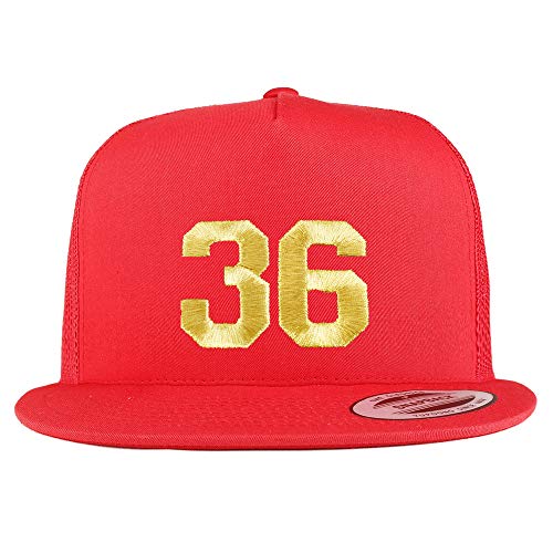 Trendy Apparel Shop Number 36 Gold Thread Embroidered Flat Bill 5 Panel Trucker Cap