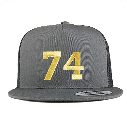 Trendy Apparel Shop Number 74 Gold Thread Embroidered Flat Bill 5 Panel Trucker Cap