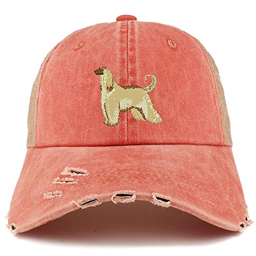 Trendy Apparel Shop Afghan Hound Dog Embroidered Frayed Bill Trucker Mesh Back Cap