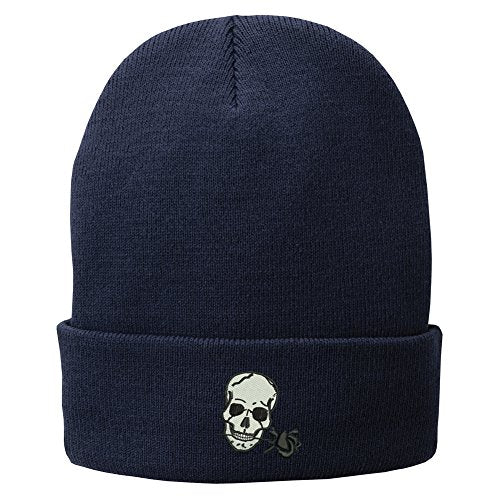 Trendy Apparel Shop Small Skull with Rose Embroidered Winter Knit Long Beanie